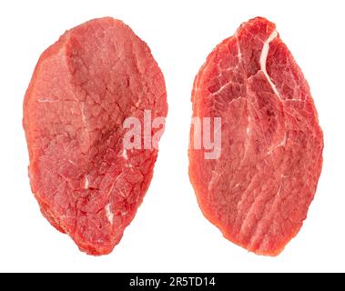 Two pieces of beef meat. Large pieces of beef with thin layers of fat, isolated on a white background. The texture of beef meat close-up, for Stock Photo