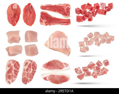 Pieces of raw meat of different varieties isolated on white background. Set of fresh meat pieces of turkey, pork and beef. A large set of meat to Stock Photo