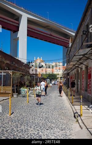 LX Factory area is dominated by the 25 April road and rail bridge Stock Photo