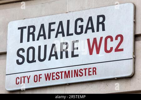 London, UK - April 30th 2023: Close-up of a street sign for Trafalgar Square in London, UK. Stock Photo