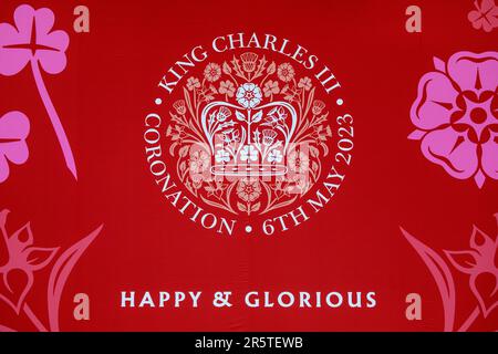 London, UK - April 30th 2023: Close-up of a banner at Trafalgar Square in London, to commemorate the Coronation of King Charles III. Stock Photo