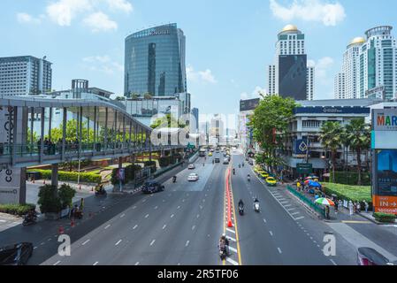 Bangkok, Thailand - April 23, 2023: Ratchadamri Road with Novotel Bangkok Platinum Pratunam and Berkeley Hotel Pratunam from Ratchaprasong SkyWalk. Stock Photo