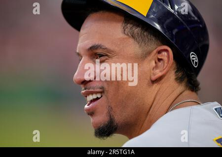 Milwaukee, United States Of America. 08th Apr, 2023. April 8, 2023: St.  Louis Cardinals first baseman Paul Goldschmidt (46) and Milwaukee Brewers  first base coach Quintin Berry (23) share a laugh as