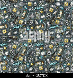 Cartoon cute doodles Automotive seamless pattern. Colorful detailed, with lots of objects background. Backdrop with car parts symbols and items Stock Vector