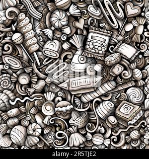 Cartoon doodles Candies seamless pattern. Backdrop with confectionery symbols and items. Monochrome detailed background for print on fabric, textile, Stock Vector