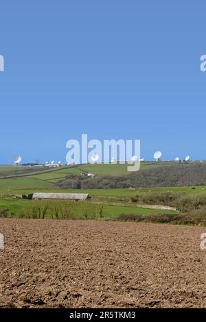 GCHQ Bude Satellite Listening Station (Government Communications Headquarters) defence at Cleave Camp, Cornwall, England. UK Stock Photo