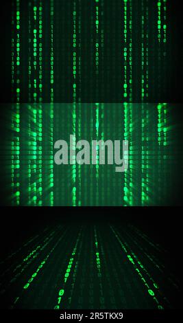 A computer monitor displays a vibrant green binary code, illuminated against a dark background Stock Photo