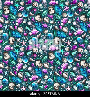 Cartoon cute hand drawn sea life seamless pattern. Colorful detailed, with lots of objects background. Endless funny vector illustration. Bright color Stock Vector