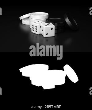 A pair of white and black dices laying on the ground in a studio setting, the light is contrasted to bring out the details of the dice Stock Photo