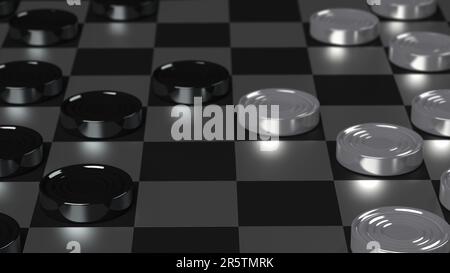 A black and silver checkered surface with a multitude of metal cans scattered across it Stock Photo