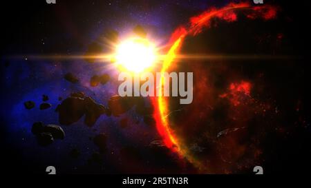 A surreal image of a sun, complete with its reflection, surrounded by planets in a vast cosmic space Stock Photo