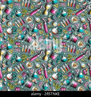 Cartoon cute Science seamless pattern. Colorful detailed, with lots of objects background. Endless funny vector illustration. Bright colors scientific Stock Vector