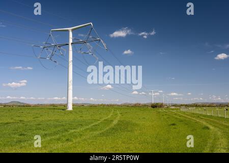 New design 'T pylons', part of National Grid's Hinkley Point C Connection Project, march across farmland at East Huntspill near Bridgwater in England' Stock Photo