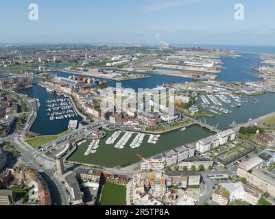 Dunkrik, 18th of May 2023, France. Flying over the residential center and harbor of Dunkerque in France Stock Photo