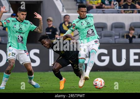 Club León defender William Tesillo (6) foulsLAFC forward Kwadwo Opoku (22) during the 2023 Concacaf Champions League final match, Sunday, June 4, 2023 Stock Photo