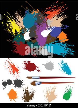 These are colorful vector splats silhouette and two brush Stock Vector