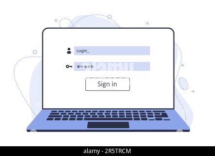 Login and password on laptop. Start web page template on laptop. New illustration with modern laptop Stock Vector
