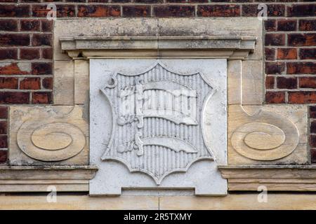 Close-up of a sculptured coat of arms for the county of Essex, in the town of Maldon, in Essex, UK. Stock Photo