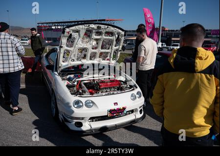 Detail of a third generation white Honda Integra with the hood open Stock Photo