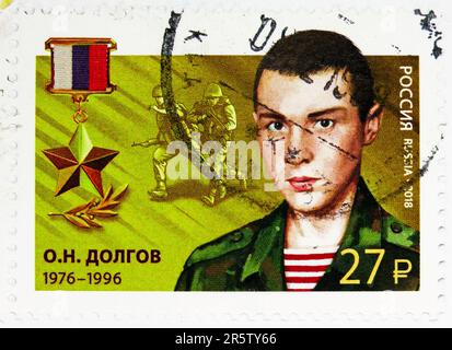 MOSCOW, RUSSIA - MAY 17, 2023: Postage stamp printed in Russia shows O.N. Dolgov (1976-1996), Heroes of the Russian Federation serie, circa 2018 Stock Photo