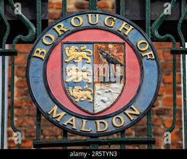 Essex, UK - March 24th 2023: Close-up of the coat of arms for the town of Maldon, on the exterior of The Moot Hall in Maldon, Essex, UK. Stock Photo