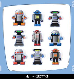 Colorful, pixel art robot icons with cast shadow. Easy-edit vector file. Stock Vector