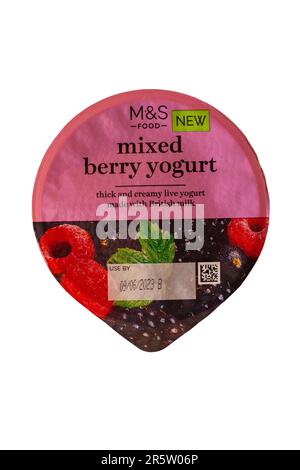 Tub of Mixed Berry Yogurt from M&S isolated on white background - thick and creamy live yogurt made with British milk Stock Photo