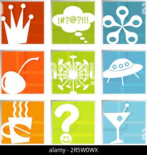 Retro-stylized colorful set of fun icons in beveled frame; symbols kept whole so you can move them around, Easy-edit layered file Stock Vector