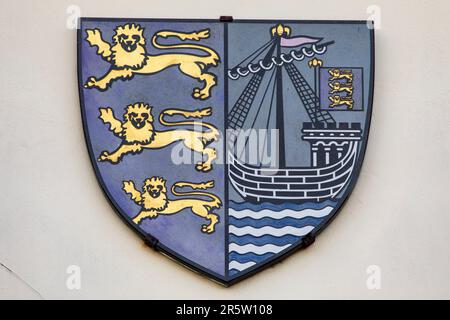 Essex, UK - April 10th 2023: Close-up of the coat of arms for the town of Maldon in Essex, UK. Stock Photo