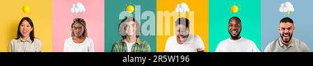 Emotional Rollercoaster. Diverse Multiethnic People Experiencing Range Of Emotions, Collage Stock Photo