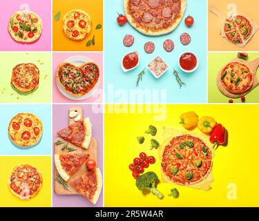 Collage with different pizzas on color background Stock Photo