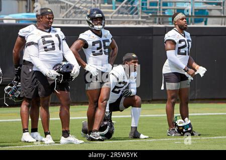 Jacksonville Jaguars safety Ayo Oyelola (35) leaves the field after an NFL  pre-season football game against the Miami Dolphins, Saturday, Aug. 26,  2023, in Jacksonville, Fla. The Jaguars defeated the Dolphins 31-18. (