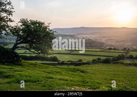 Mist rises from the valleys around Lydford and North Brentor under the hills of Dartmoor at sunrise  in West Devon, as seen from Brent Tor. Stock Photo
