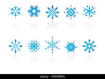 Different snow crystals with reflection over white background Stock Vector