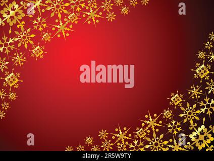 Golden snow crystals frame over red background Stock Vector