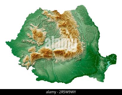 Romania. Highly detailed 3D rendering of a shaded relief map with rivers & lakes. Colored by elevation. White background. Created with satellite data. Stock Photo