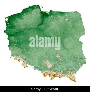 Poland. Highly detailed 3D rendering of a shaded relief map with rivers & lakes. Colored by elevation. White background. Created with satellite data. Stock Photo