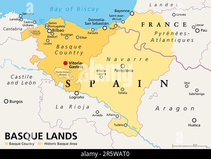 Basque Lands, political map. Basque Country, an autonomous community in Spain, with capital Vitoria-Gasteiz, in orange color. Stock Photo