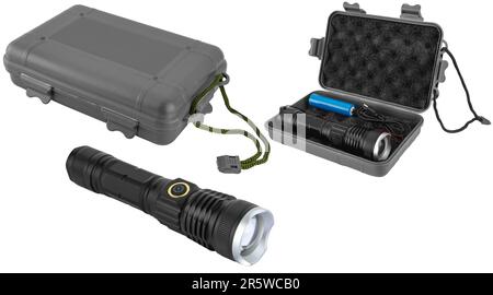 hand-held LED flashlight, on white background in insulation Stock Photo