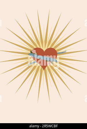 valentine's day postcard- symbolic heart, ribbon, roses and rays of light Stock Vector