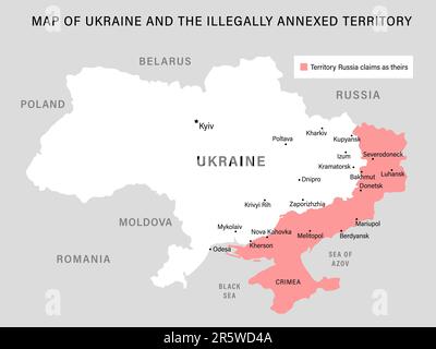 Map of Ukraine and the illegally annexed territory before the start of the counteroffensive. Editable schematic map with Eastern Ukraine cities Stock Vector