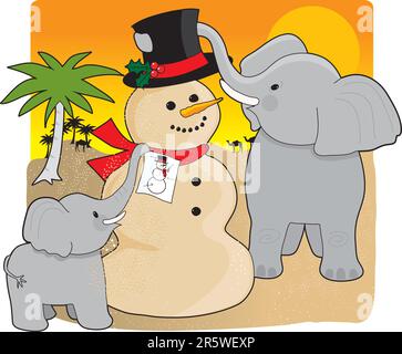 A mother elephant and baby in the desert building a snowman made  of sand Stock Vector