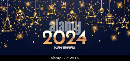 Happy new 2024 year background with golden elements. Holiday winter greeting banner Stock Vector