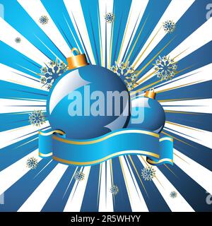 Snow crystals Christmas balls and ribbon over starry blue background Stock Vector