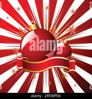 Snow crystals Christmas balls and ribbon over starry red background Stock Vector