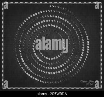 Moon Calendar 2024, Spiral Moon Phases on Black Background Stock Photo