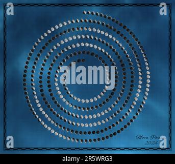Moon Calendar 2024, Spiral Moon Phases on Sky Background Stock Photo