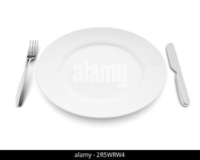 Knife, fork and plate isolated on white background. Empty dinner plate. Tableware. 3d illustration. Stock Photo