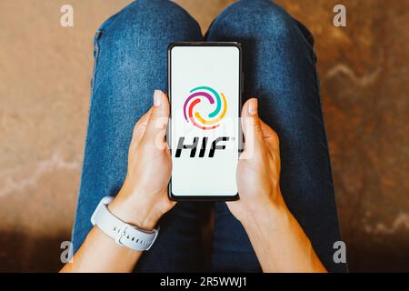 In this photo illustration, the HIF Global logo is displayed on a smartphone screen. Stock Photo