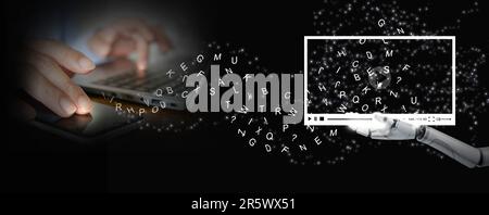 Text to video concept, text-to-video by generative AI. Key in command prompt from a computer notebook. Language model technology. Cyborg hand holding Stock Photo